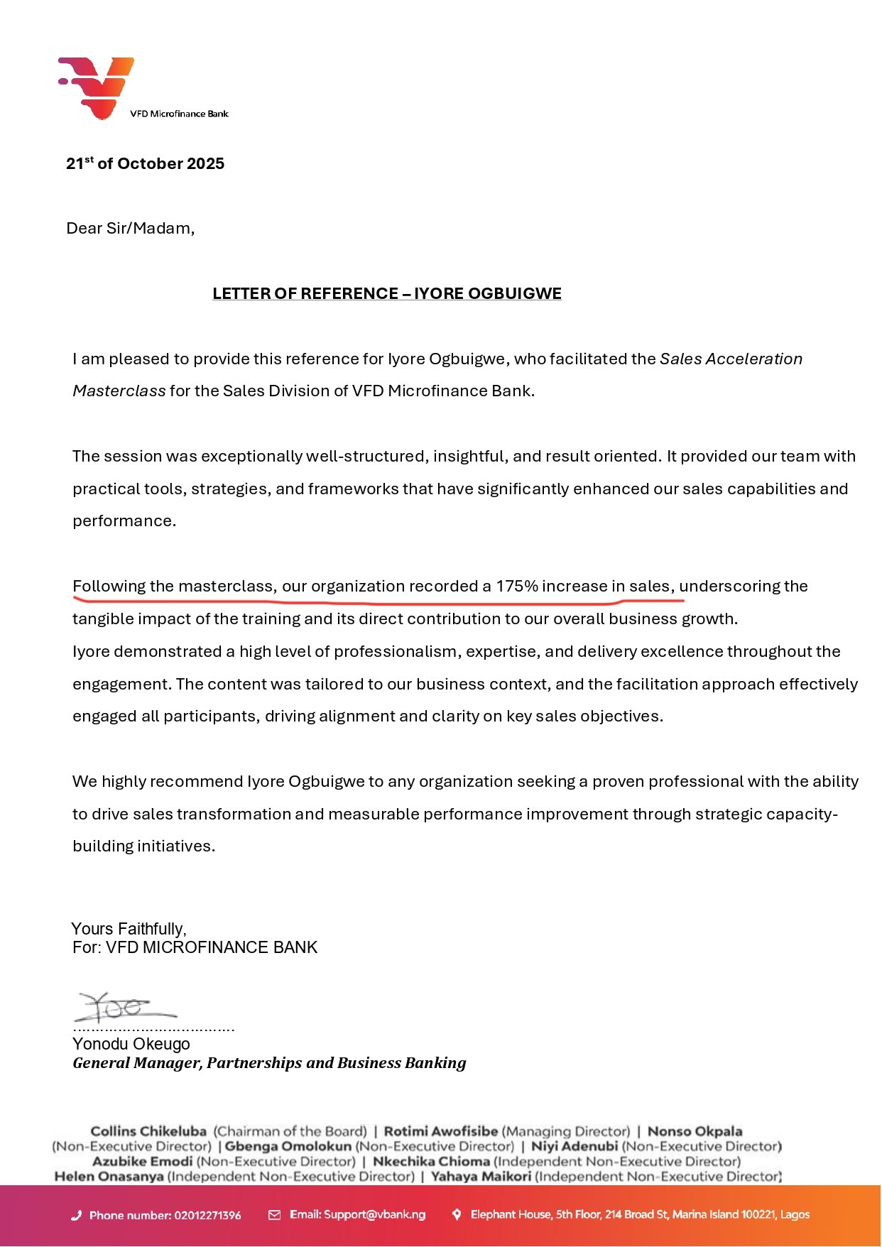 VFD REFERENCE LETTER VFD reference letter